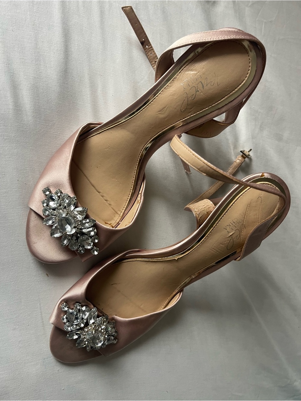 Badgley Mischka Blush Pink Satin Jeweled Peep-Toe Slingbacks